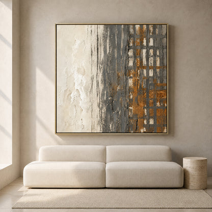 Neutral Geometric Abstract Canvas Art with Charcoal and Ochre Texture