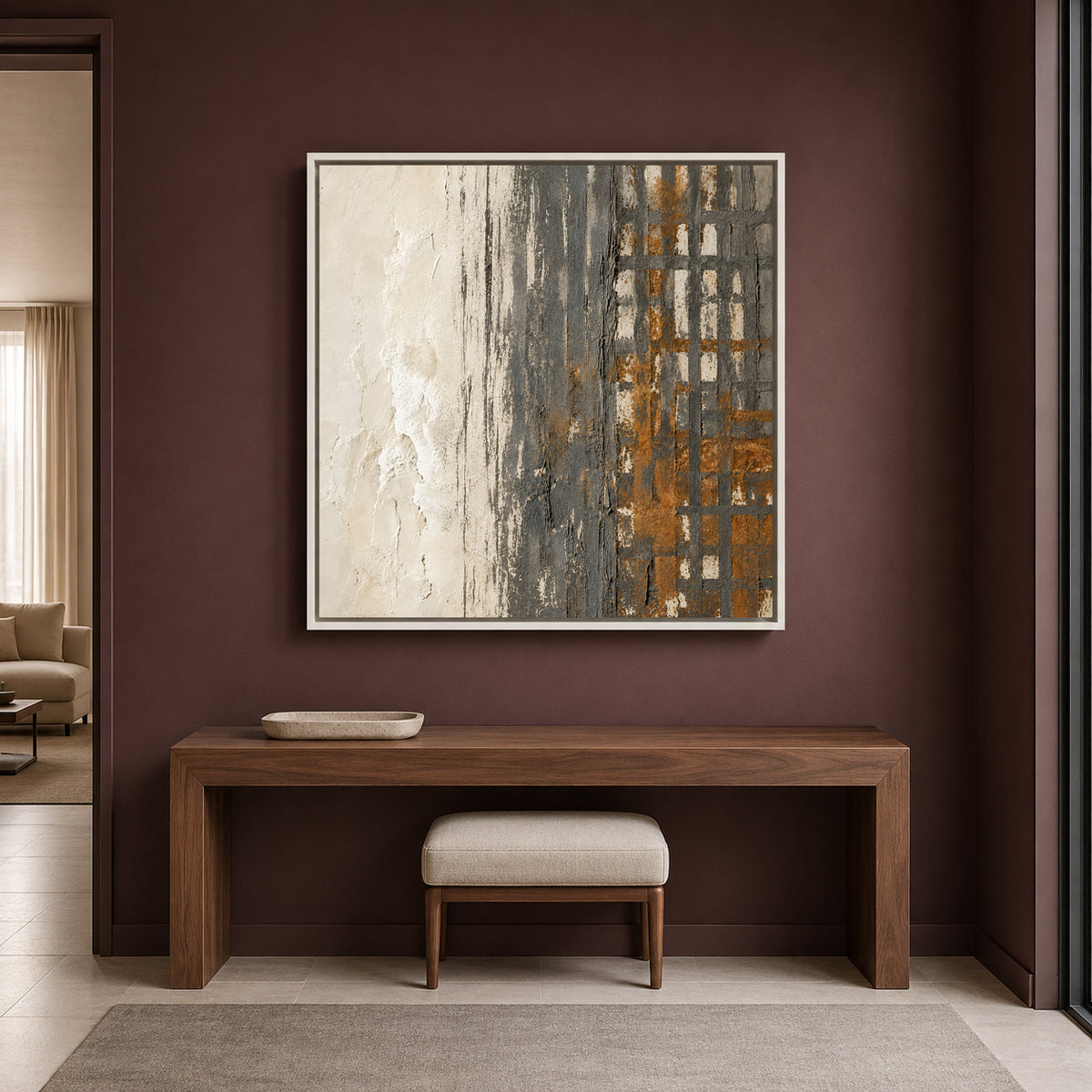 Neutral Geometric Abstract Canvas Art with Charcoal and Ochre Texture