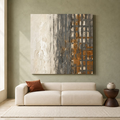 Neutral Geometric Abstract Canvas Art with Charcoal and Ochre Texture