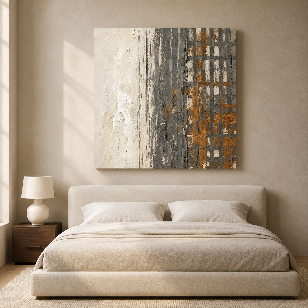 Neutral Geometric Abstract Canvas Art with Charcoal and Ochre Texture