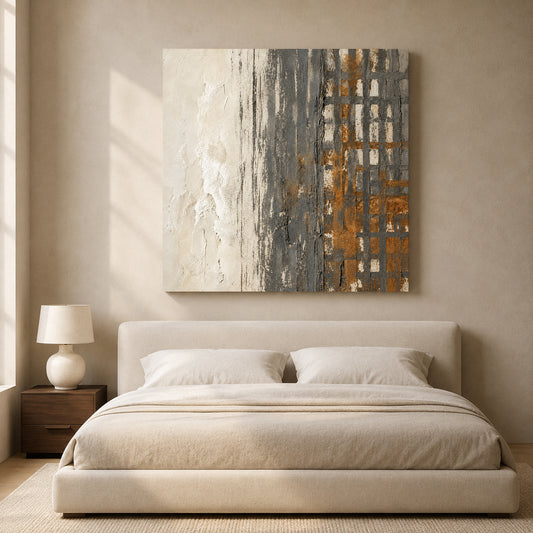 Neutral Geometric Abstract Canvas Art with Charcoal and Ochre Texture