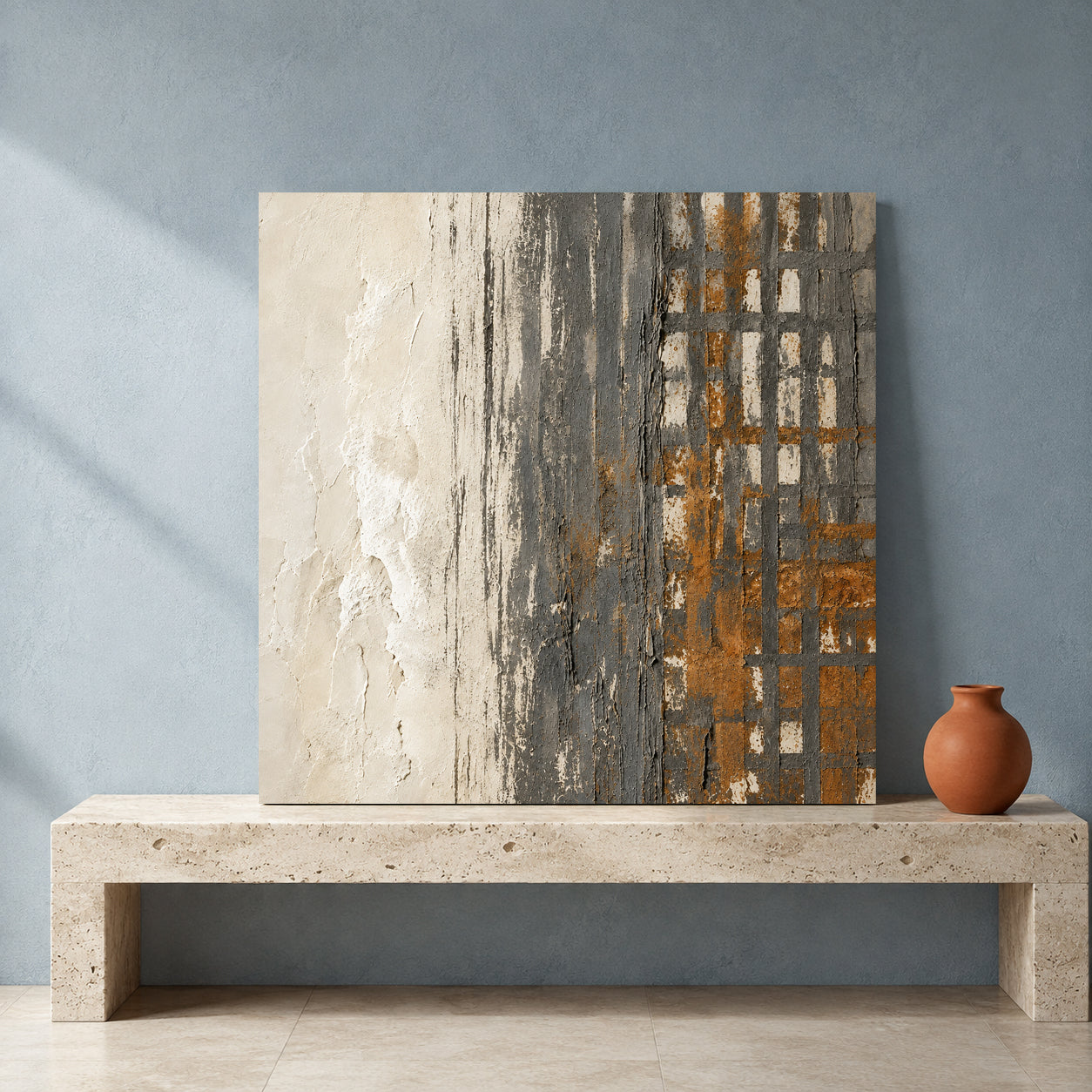 Neutral Geometric Abstract Canvas Art with Charcoal and Ochre Texture