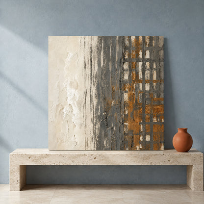 Neutral Geometric Abstract Canvas Art with Charcoal and Ochre Texture