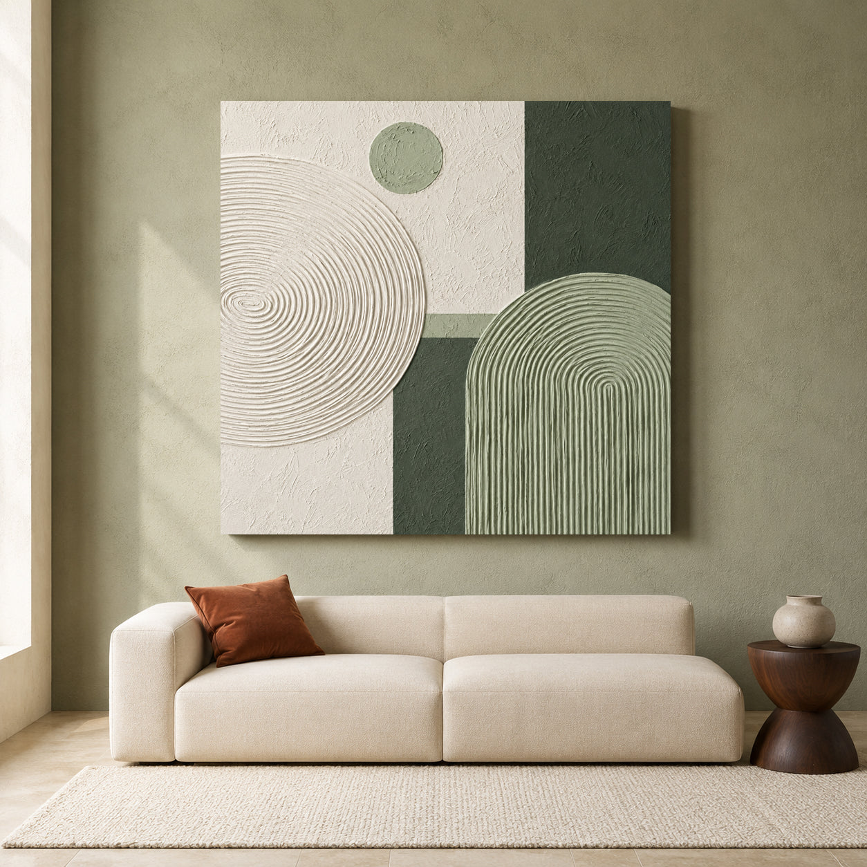 Sage Green Geometric Abstract Canvas Art with Textured Modern Shapes
