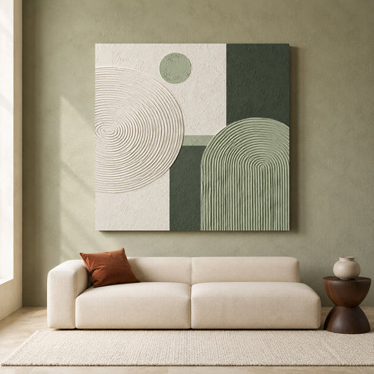 Sage Green Geometric Abstract Canvas Art with Textured Modern Shapes