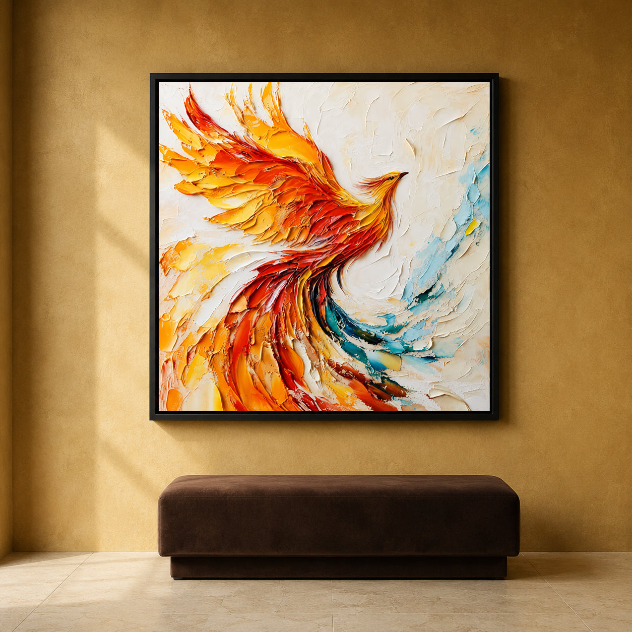 Fiery Phoenix Canvas Art in Orange Red and Gold Textured Style