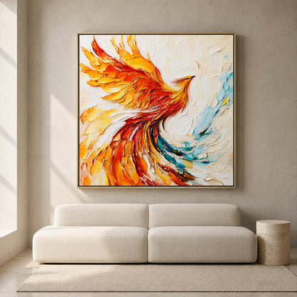 Fiery Phoenix Canvas Art in Orange Red and Gold Textured Style