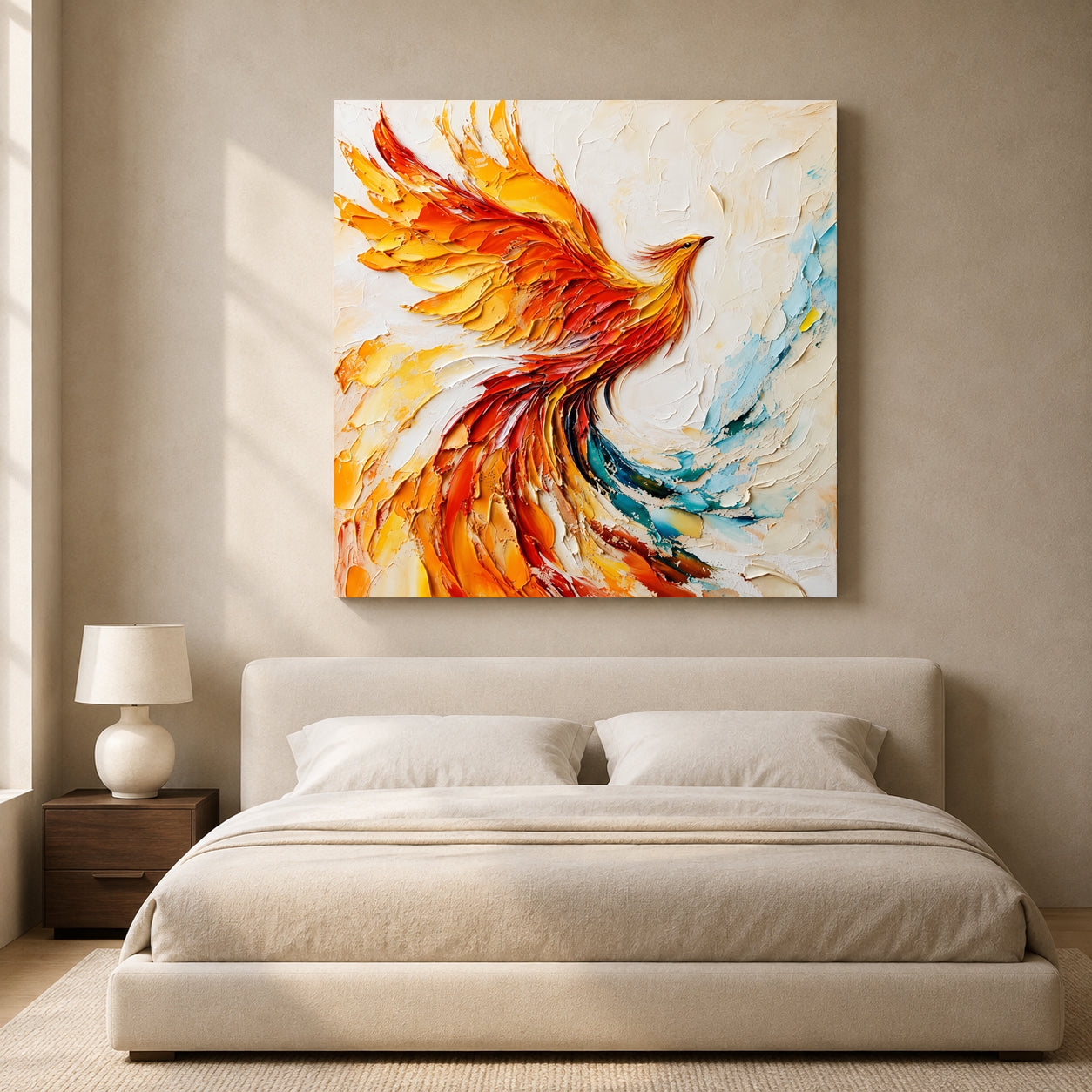 Fiery Phoenix Canvas Art in Orange Red and Gold Textured Style