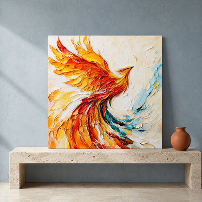 Fiery Phoenix Canvas Art in Orange Red and Gold Textured Style