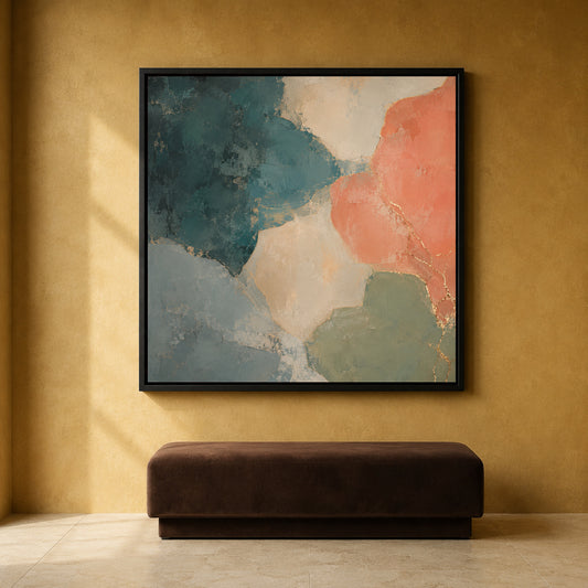 Coral and Teal Abstract Canvas Art with Soft Organic Gold Accents