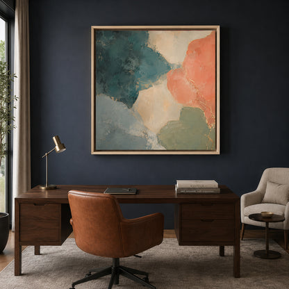 Coral and Teal Abstract Canvas Art with Soft Organic Gold Accents