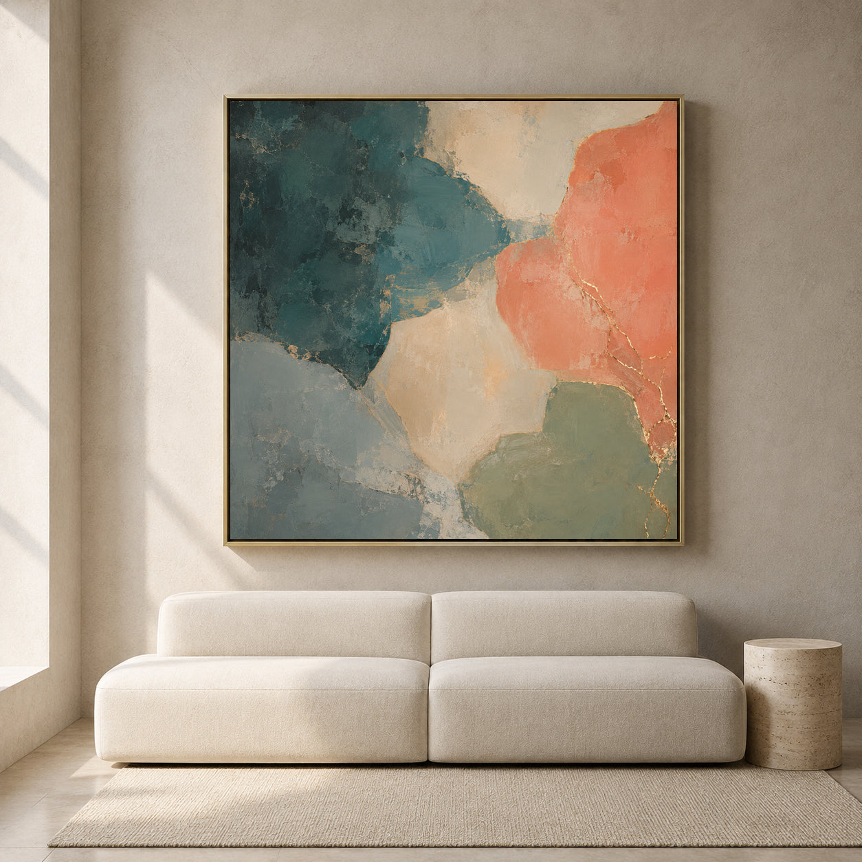 Coral and Teal Abstract Canvas Art with Soft Organic Gold Accents