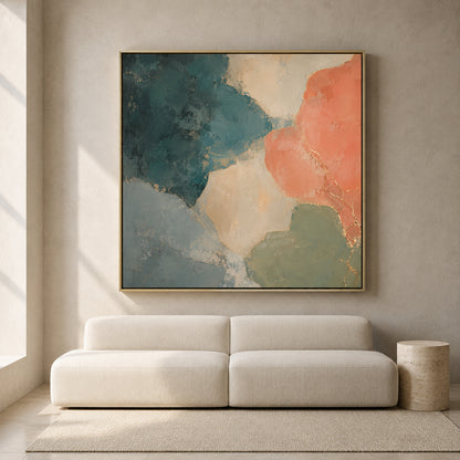 Coral and Teal Abstract Canvas Art with Soft Organic Gold Accents