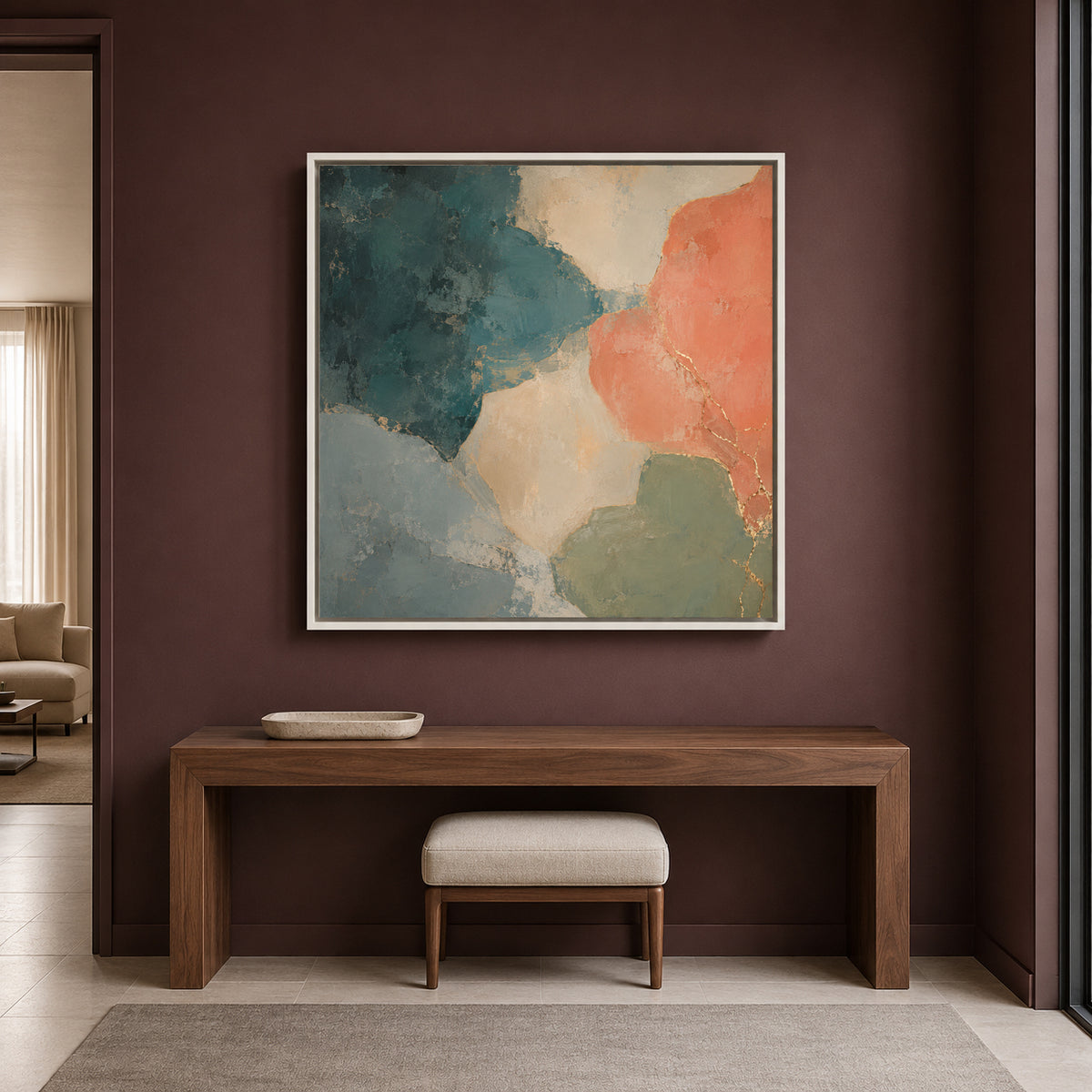 Coral and Teal Abstract Canvas Art with Soft Organic Gold Accents