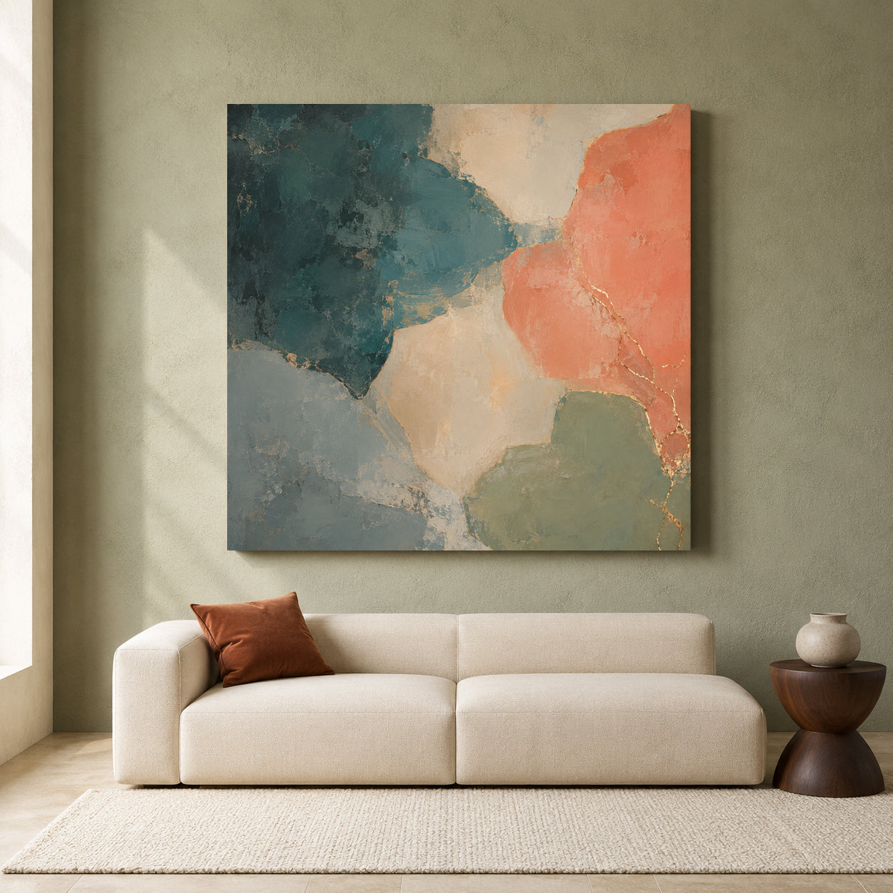 Coral and Teal Abstract Canvas Art with Soft Organic Gold Accents
