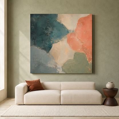 Coral and Teal Abstract Canvas Art with Soft Organic Gold Accents
