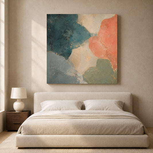 Coral and Teal Abstract Canvas Art with Soft Organic Gold Accents