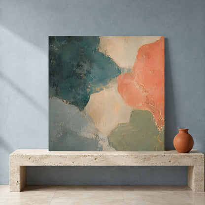 Coral and Teal Abstract Canvas Art with Soft Organic Gold Accents
