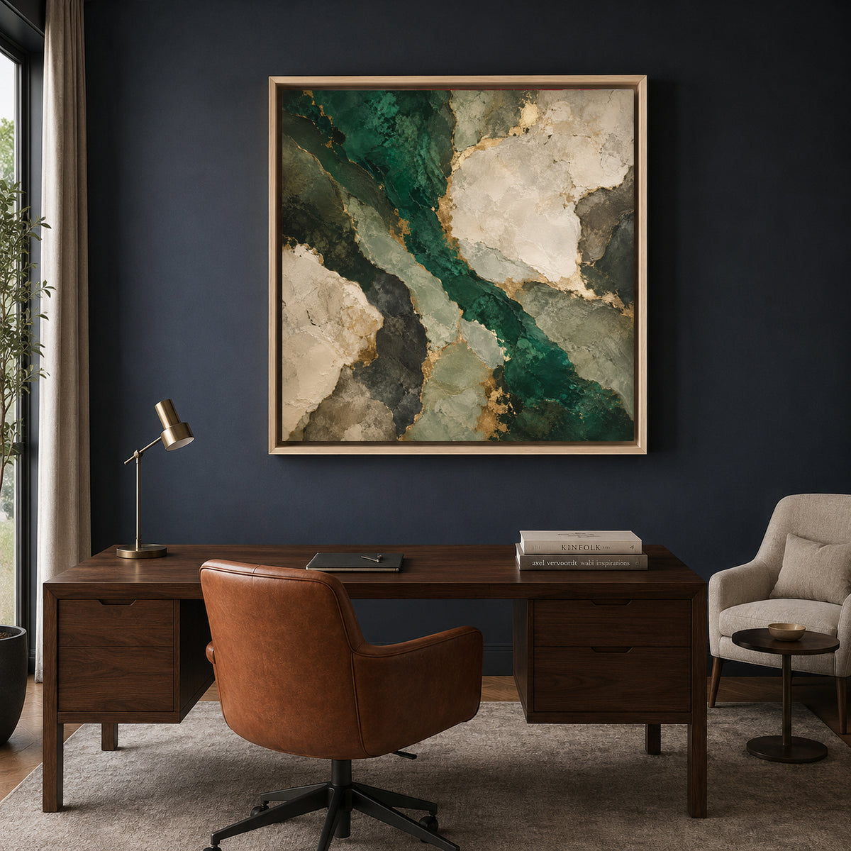 Emerald Green Abstract Canvas Art with Ivory Stone Shapes