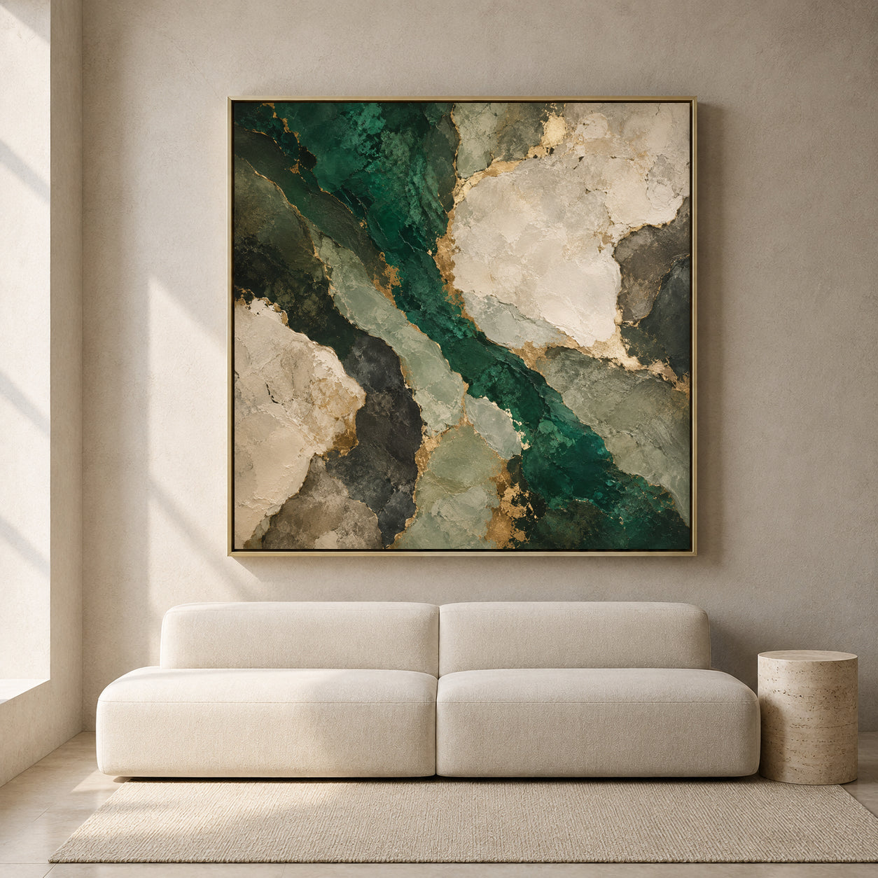 Emerald Green Abstract Canvas Art with Ivory Stone Shapes