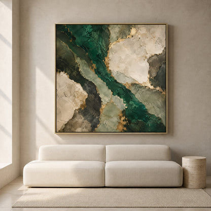 Emerald Green Abstract Canvas Art with Ivory Stone Shapes