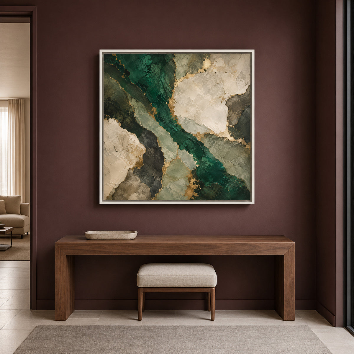 Emerald Green Abstract Canvas Art with Ivory Stone Shapes