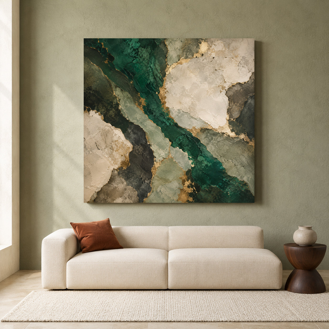 Emerald Green Abstract Canvas Art with Ivory Stone Shapes