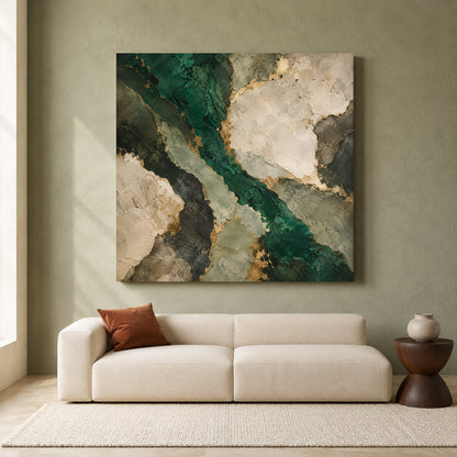 Emerald Green Abstract Canvas Art with Ivory Stone Shapes