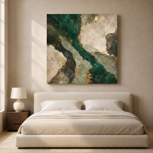 Emerald Green Abstract Canvas Art with Ivory Stone Shapes