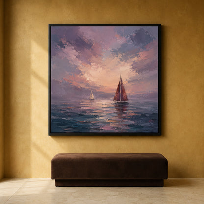 Sunset Sailboat Canvas Art in Mauve Pink and Blue Coastal Tones