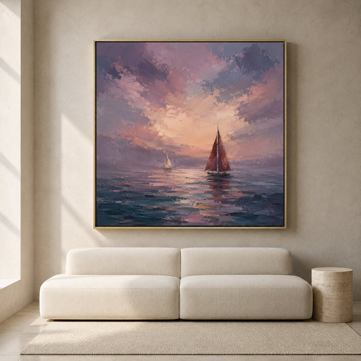 Sunset Sailboat Canvas Art in Mauve Pink and Blue Coastal Tones