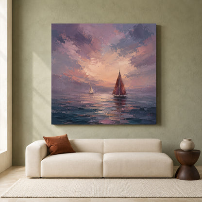 Sunset Sailboat Canvas Art in Mauve Pink and Blue Coastal Tones