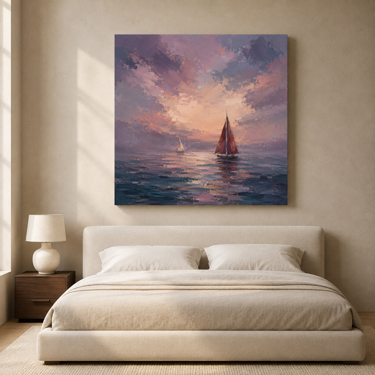 Sunset Sailboat Canvas Art in Mauve Pink and Blue Coastal Tones