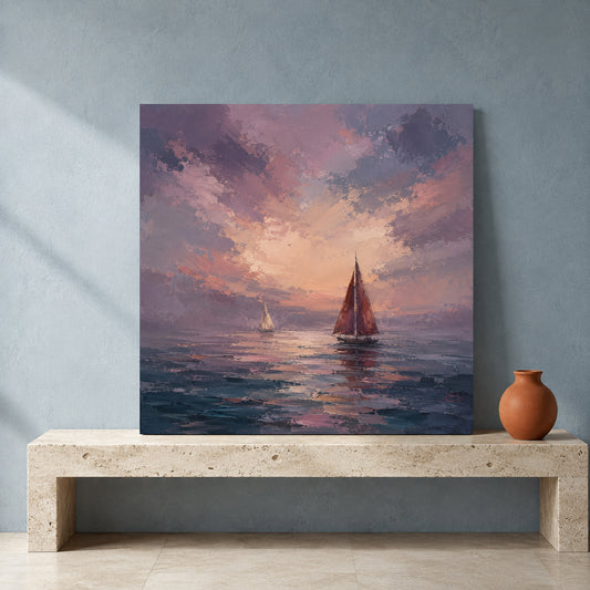 Sunset Sailboat Canvas Art in Mauve Pink and Blue Coastal Tones
