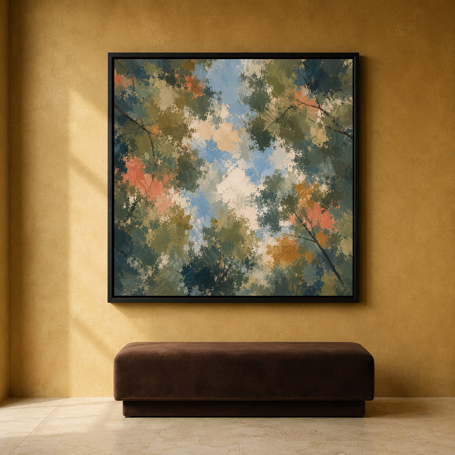Abstract Forest Canopy Canvas Art in Olive Green Blue and Coral Tones