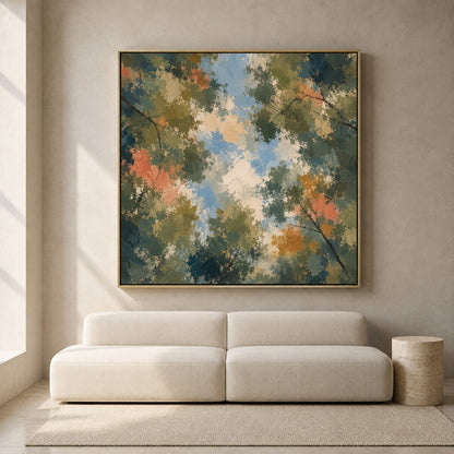 Abstract Forest Canopy Canvas Art in Olive Green Blue and Coral Tones