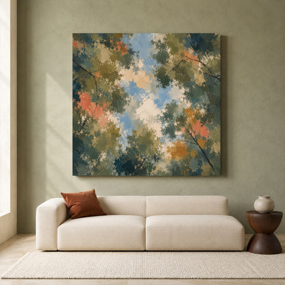 Abstract Forest Canopy Canvas Art in Olive Green Blue and Coral Tones