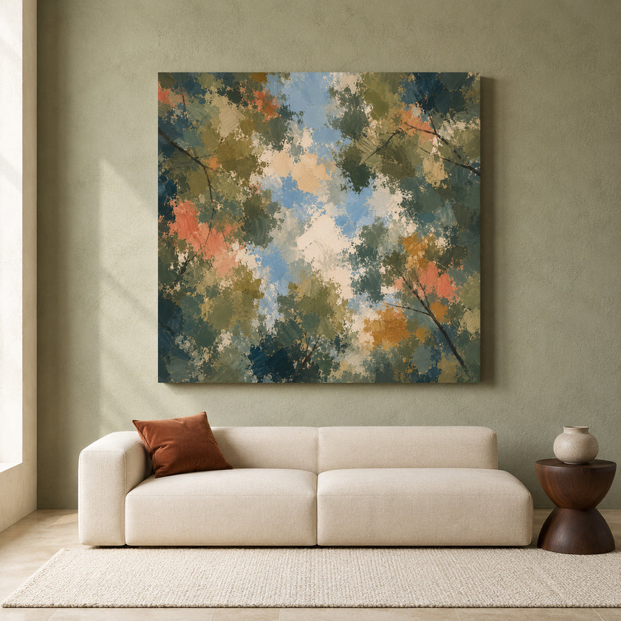 Abstract Forest Canopy Canvas Art in Olive Green Blue and Coral Tones