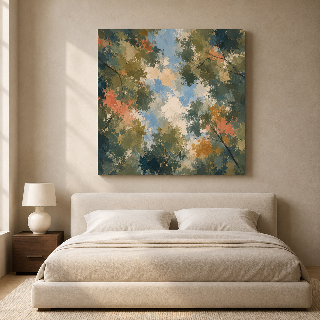 Abstract Forest Canopy Canvas Art in Olive Green Blue and Coral Tones