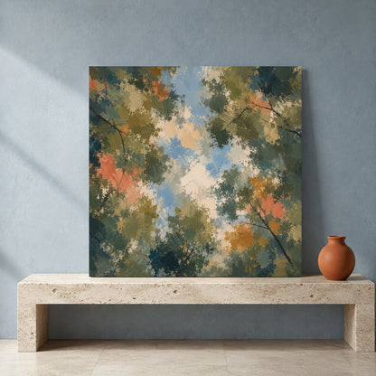 Abstract Forest Canopy Canvas Art in Olive Green Blue and Coral Tones