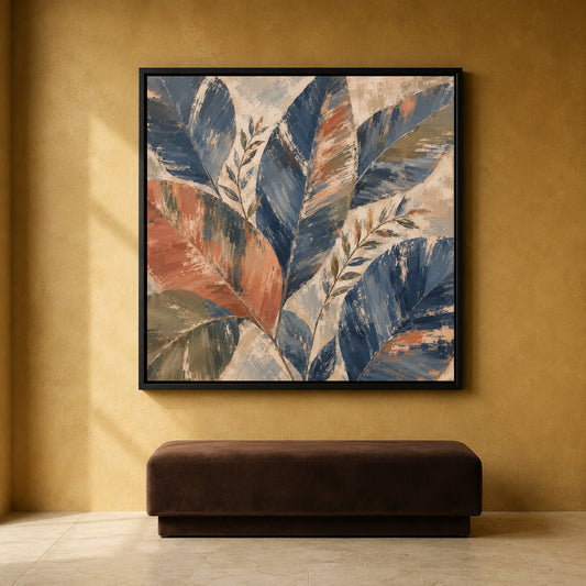 Navy Blue Botanical Canvas Art with Terracotta and Olive Abstract Leaves