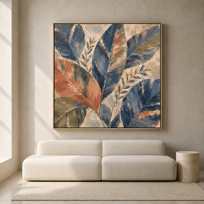 Navy Blue Botanical Canvas Art with Terracotta and Olive Abstract Leaves