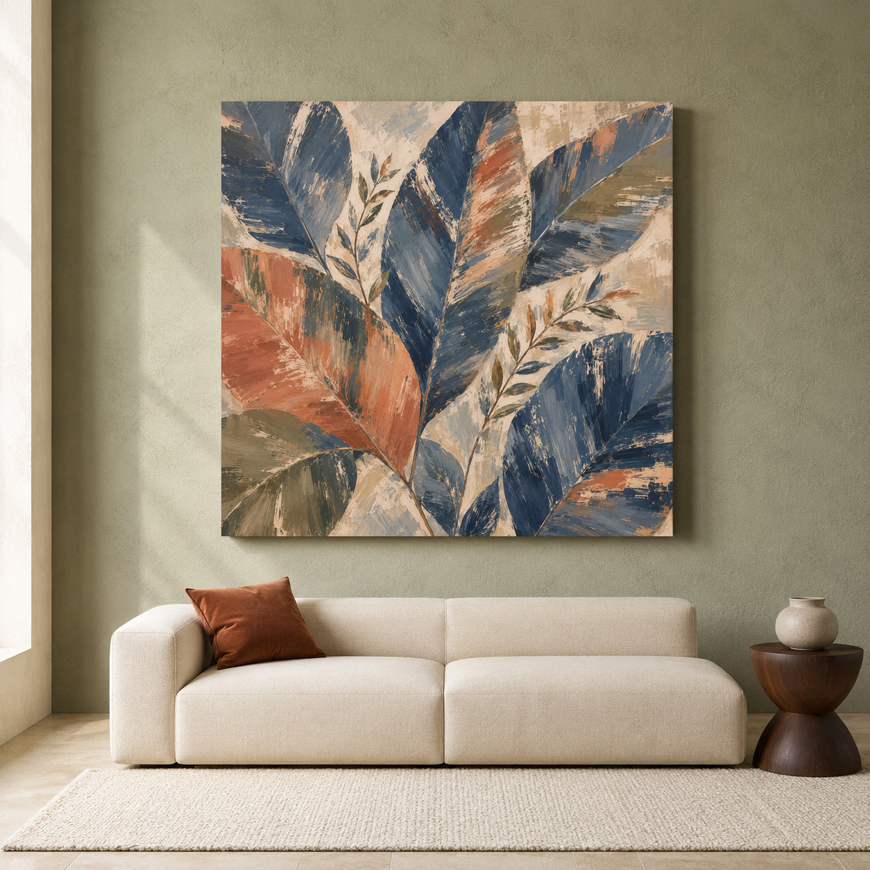 Navy Blue Botanical Canvas Art with Terracotta and Olive Abstract Leaves