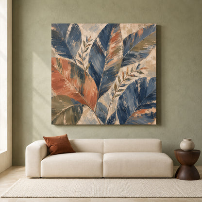 Navy Blue Botanical Canvas Art with Terracotta and Olive Abstract Leaves