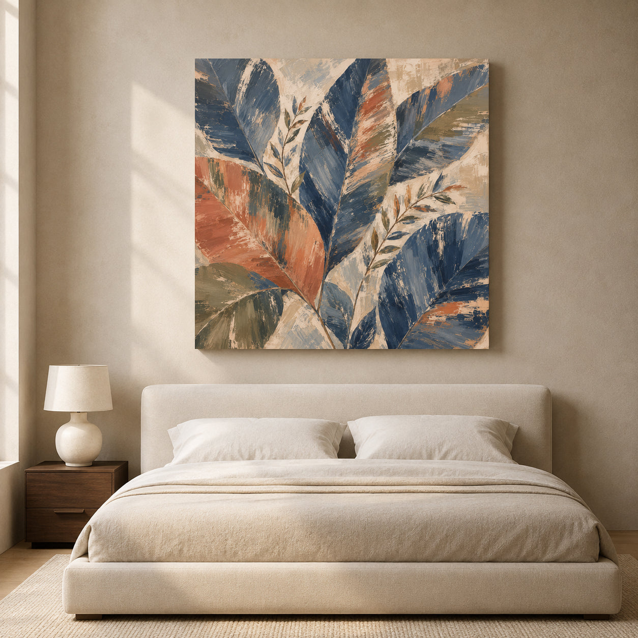 Navy Blue Botanical Canvas Art with Terracotta and Olive Abstract Leaves