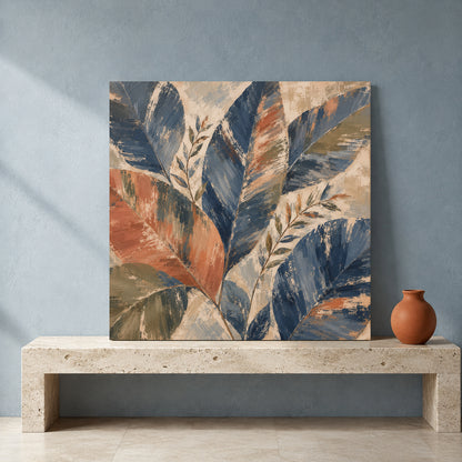 Navy Blue Botanical Canvas Art with Terracotta and Olive Abstract Leaves