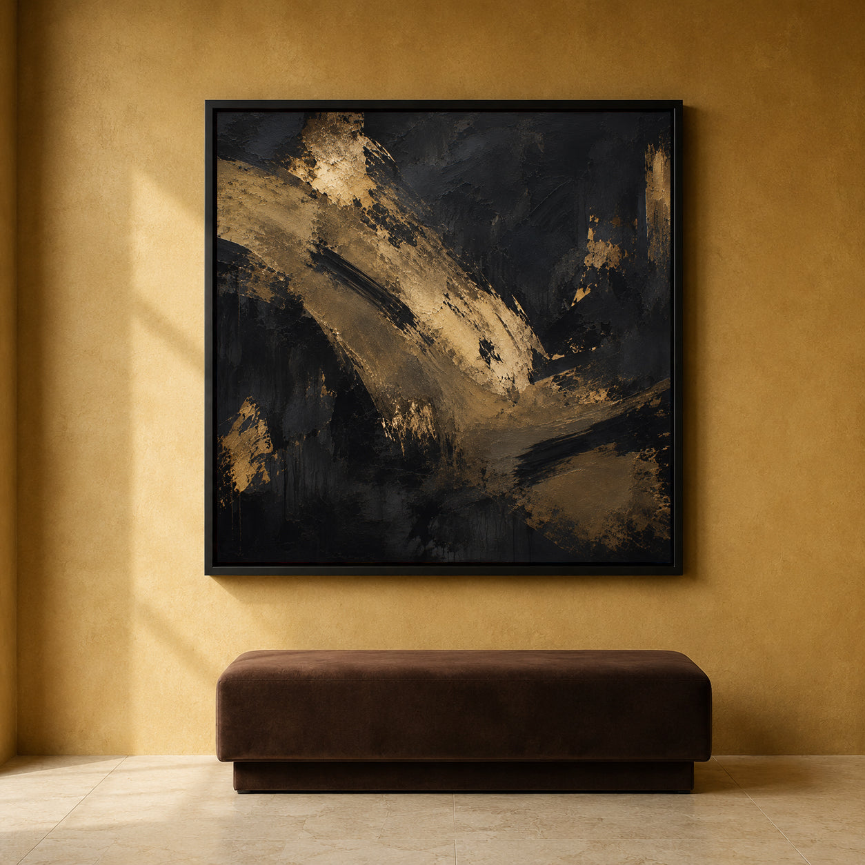 Black and Gold Abstract Canvas Art with Bold Textured Brushstrokes