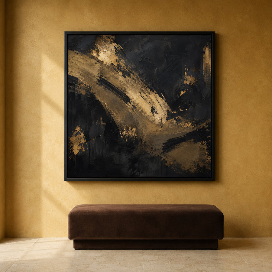 Black and Gold Abstract Canvas Art with Bold Textured Brushstrokes
