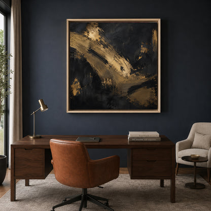 Black and Gold Abstract Canvas Art with Bold Textured Brushstrokes