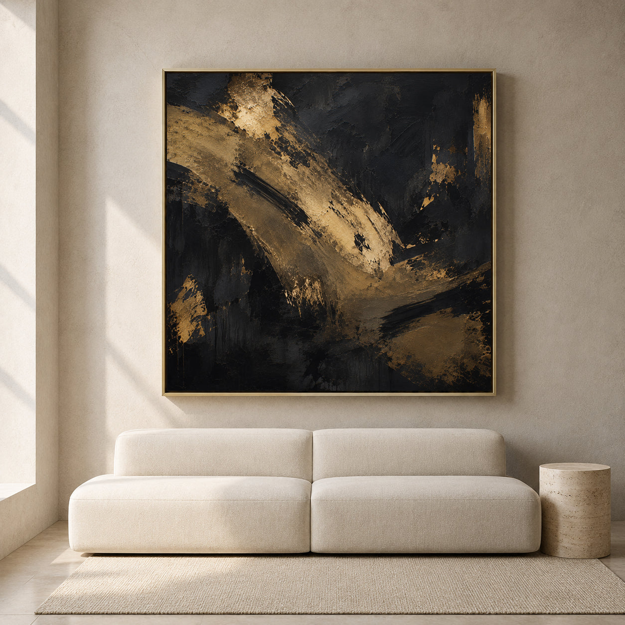 Black and Gold Abstract Canvas Art with Bold Textured Brushstrokes